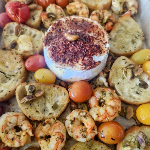 Sheet Pan Shrimp & Brie Bruschetta