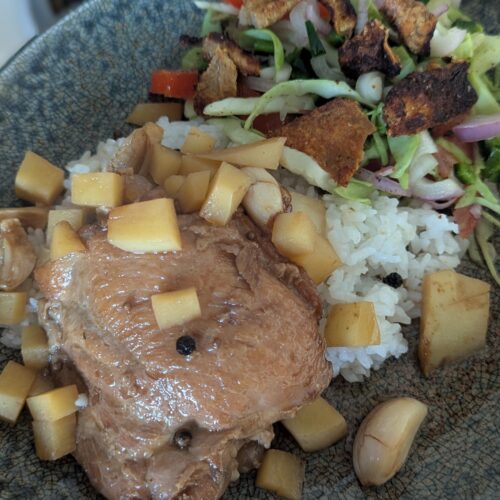 Chicken Adobo over rice w/ fresh veggie and lime salad